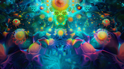 A dazzling psychedelic background depicting a kaleidoscopic ocean abyss with vibrant colors , abstract psychedelic wallpaper