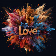 Smoke style color explosion illustration with the word love in the middle.