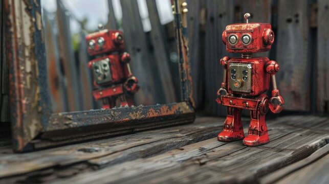 Red vintage robot appears distressed and damaged on aged wooden surface with mirror image
