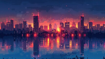 Obraz premium Pixel Art City Skyline at Sunset Over Reflective Water