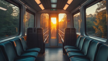 Fototapeta premium Scenic Sunrise Ride: Tranquil Train Journey Through Nature