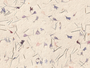 Himalayan Cornflower petals paper texture. Seamless handmade blue flowers with reeds craft recycled...