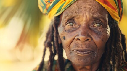 Portrait of Elderly Rasta Woman with Dreadlocks and Colorful Headwrap