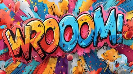 Dynamic Cartoon Comic Book Inspired Explosion Design with Wroom Text