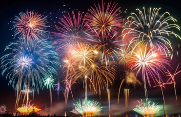 Fototapeta premium A row of fireworks are lit up in the night sky by AI generated image