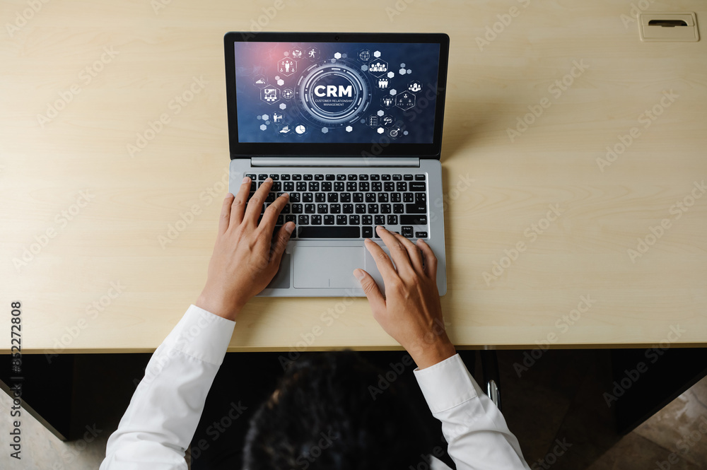 Poster customer relationship management system on modish computer for crm business and enterprise