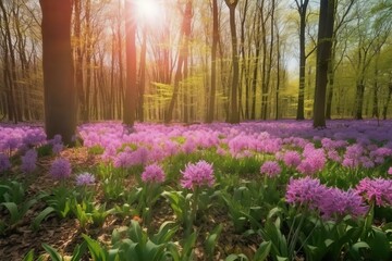 Obraz premium spring, forest, trees, green, foliage, sunlight, nature, peaceful, rene, flower, flowers, garden