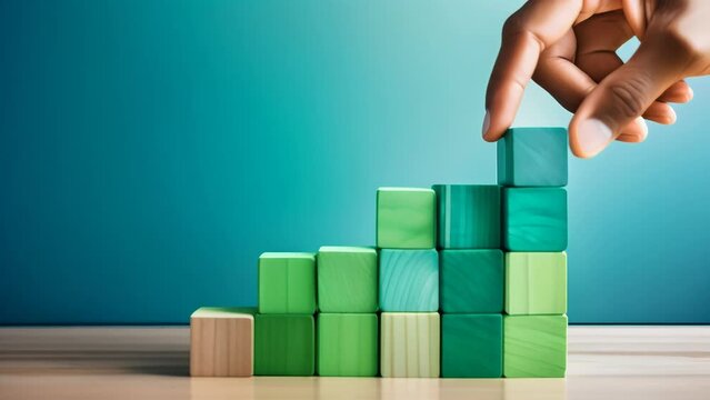 A hand placing the final block on a stack of green and natural wood-colored blocks arranged in ascending order. 