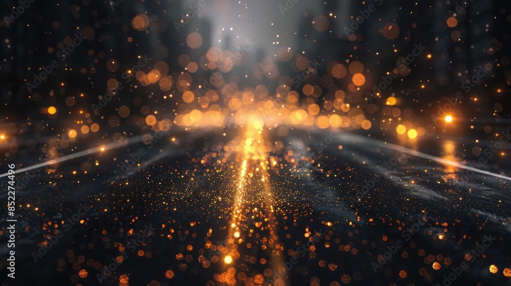 Poster the image is a dark tunnel with a bright light at the end. the tunnel is lined with glowing particle