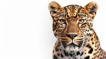 Fototapeta premium Leopard portrait gazing at camera on white background