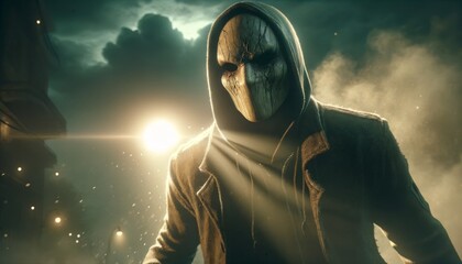 The masked figure stepping out from a shadowy background, with light illuminating the face.