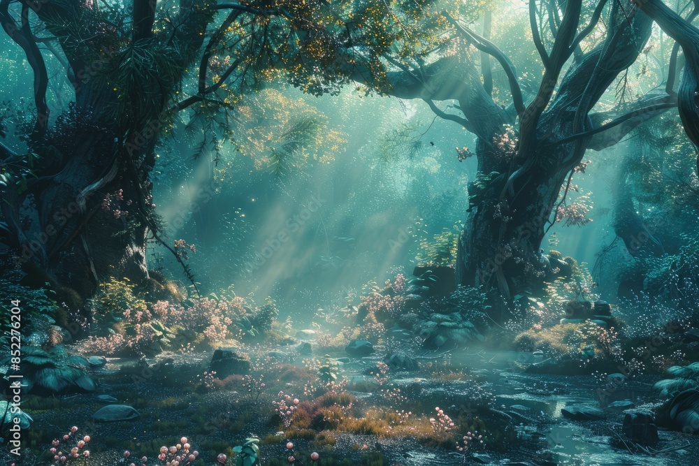 Poster enjoy a breathtaking view of a magical forest with tall trees and early light seeping through the br