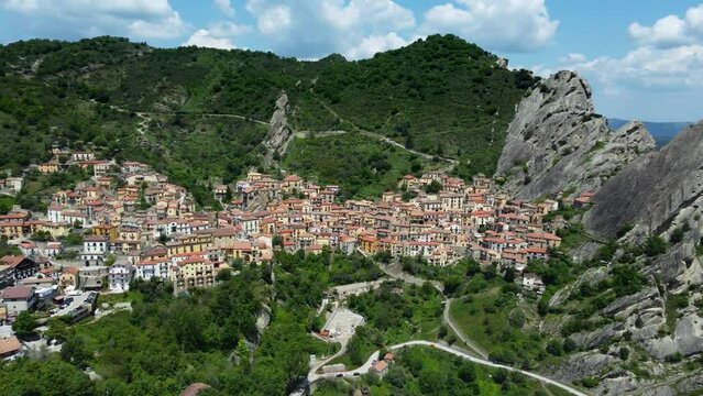 Aerial 4K footage of Castelmezzano, in the province of Potenza, Basilicata, Italy