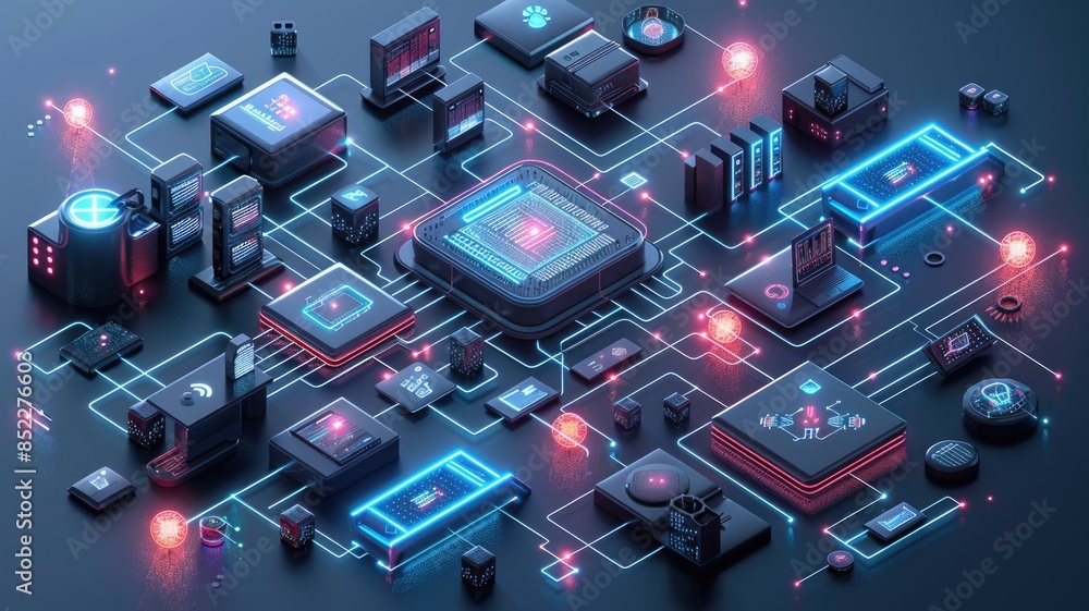 Poster glowing digital cloud with circuits and vibrant color on a dark background. digital art of big data 