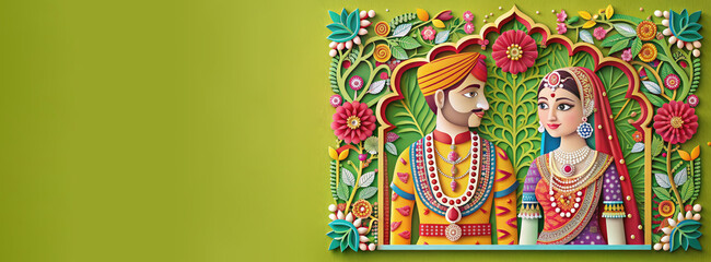 Paper cut illustration of Young wedding couple in traditional Indian costumes
