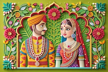 Paper cut illustration of Young wedding couple in traditional Indian costumes