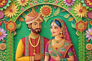 Paper cut illustration of Young wedding couple in traditional Indian costumes