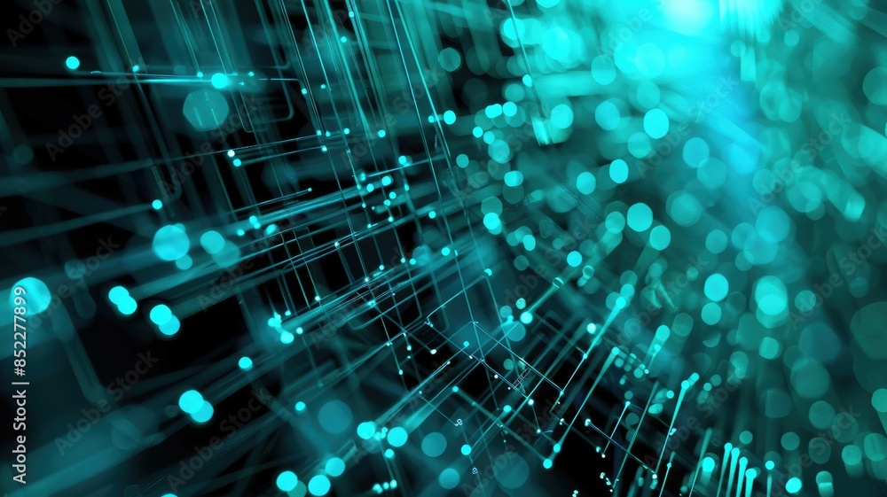 Poster an abstract image depicts a glowing blue network of interconnected lines and nodes set against a dar