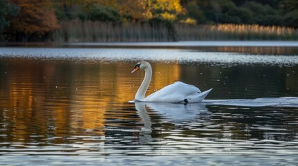 Fototapeta premium A white swan is gliding across the lake
