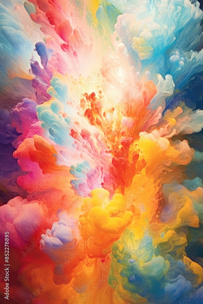 Poster explosive color burst in orange, pink, and blue. vertical image of exploding motion of multicolored 