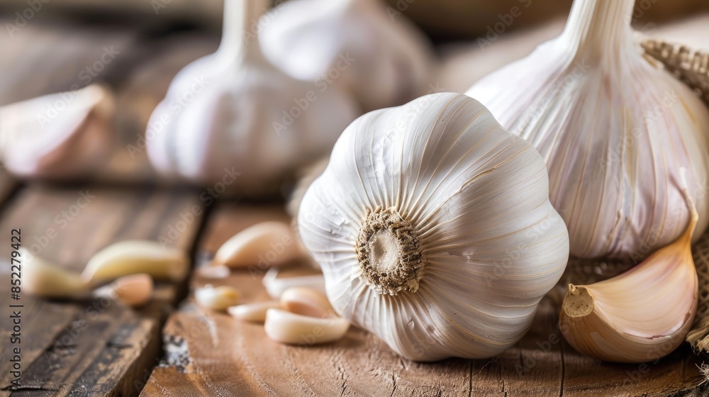 Canvas Prints Benefits of raw garlic on a wooden surface