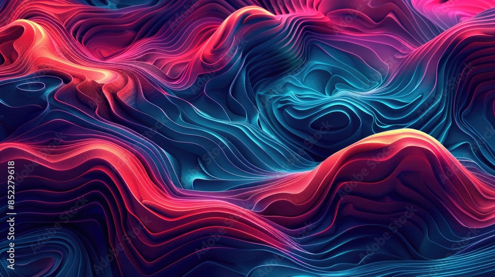 Poster abstract wavy lines in red and blue on a dark background. digital image of vibrant color curve lines