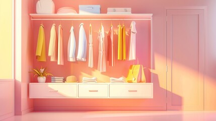 A minimalist closet with clothes hanging on a rack, drawers and a pink wall. Warm sunlight streams through the room.