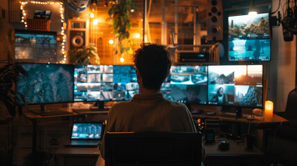 Obraz premium A person sits in front of multiple computer screens, working late at night. The room is dimly lit with string lights and a candle.