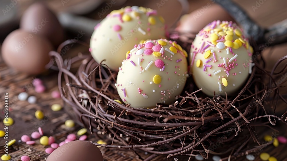 Poster easter eggs made of milk chocolate and white chocolate with confetti decorations on a nest