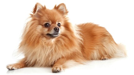 Obraz premium Fluffy Pomeranian Spitz posing on white background promoting animal companionship