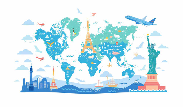 A colorful map of the world with a plane flying over New York and Paris by AI generated image