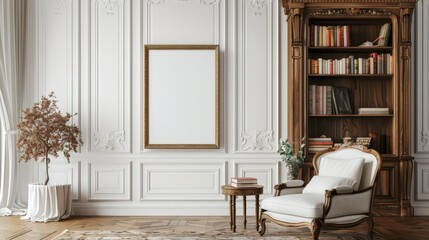 Elegant Living Room Interior with Gilded Frame and Bookshelf