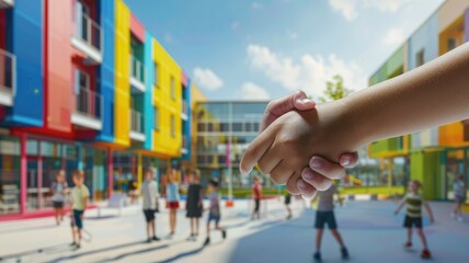 In the playground, two children are seen happily shaking hands with vibrant colored buildings in the background. AIG53M
