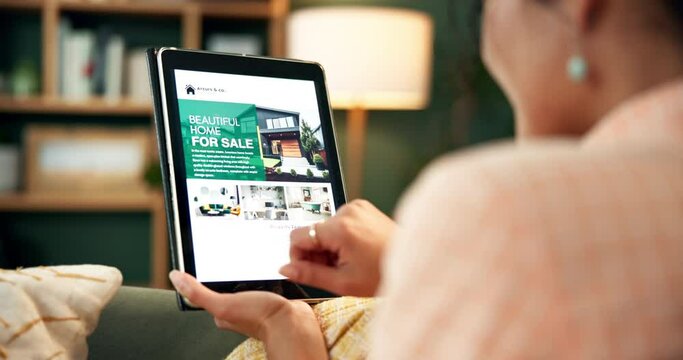 Real estate, screen or woman hands with tablet on sofa for ecommerce, property or sale newsletter sign up at home. Mortgage, loan and customer in living room with digital, planning or online shopping