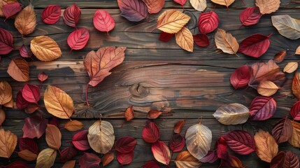 A rustic wooden tabletop covered with a mix of crimson and amber leaves, featuring a single artificial leaf crafted from cherry wood, blending seamlessly into the autumn palette.