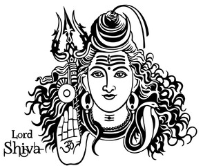 A closeup of the Hindu god Lord Shiva giving blessing to all vector design in black and white