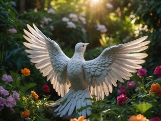 bird with angel wings in a lush, heavenly garden surrounded by colorful flowers and greenery, with its angel wings glowing gently.