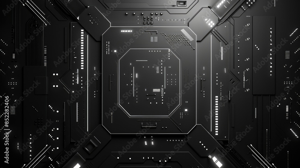 Poster abstract digital tunnel with glowing white lights and circuit board patterns. close up of electrical