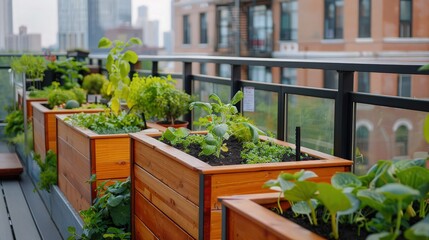 A series of raised beds on a city balcony being planted with a mix of edible greens and decorative plants, maximizing the limited space available for urban dwellers to connect with nature.