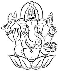 Black and White Illustration of the Hindu God Ganesha, Ganapati, vector design, hand drawing