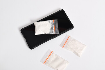 Cocaine in plastic packet isolated on white background. illustration of illegal drug substances,...