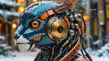 Steampunk Cat Robot in Winter Wonderland.