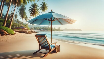 Obraz premium A relaxing beach chair and umbrella on a tropical beach with calm waves and palm trees