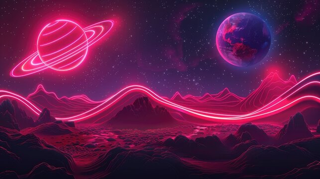 Space elements in modern art, Futuristic neon sign with UFO, Geometric shape, and mars backdrop