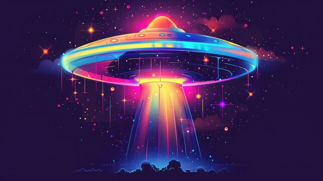 Futuristic UFO and earth logo design in vibrant neon colors on simple background