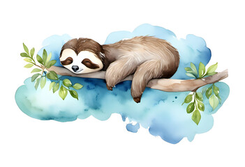 A tranquil watercolor illustration of a sloth peacefully sleeping on a tree branch, surrounded by lush greenery. 