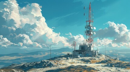 Breathtaking Mountain Telecommunication Tower Amidst Cotton Clouds
