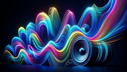 An abstract depiction of soundwaves emanating from a speaker, styled in bright, neon colors like blue, pink, yellow, and green.