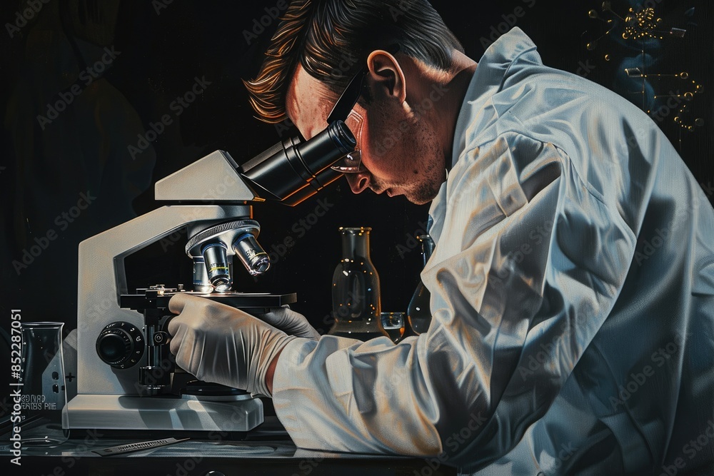 Poster a scientist is deeply engrossed in examining a specimen under a microscope in a modern laboratory se