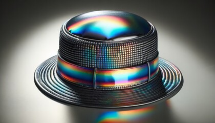 A close-up of a stylish hat with a holographic band, positioned to catch the light and show off the rainbow colors.
